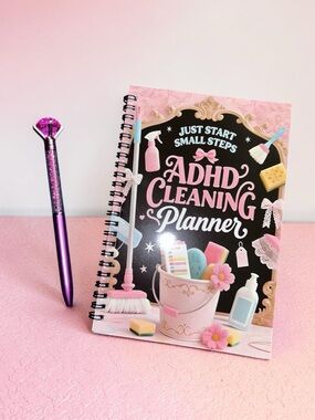 ADHD Cleaning Planner - Pink & Black Spiral Notebook with Diamond Pen